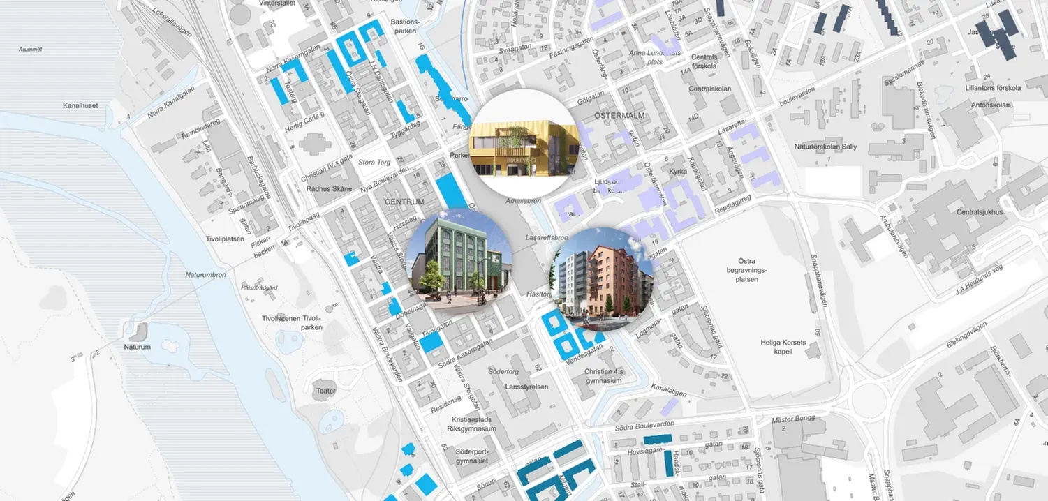 Karta över centrala kristianstad med de olika byggprojekten utmärkta
